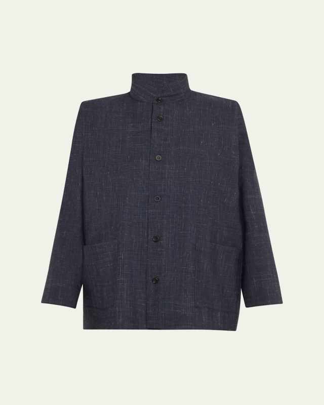Wide Longer-Back Double Stand Collar Shirt Jacket (Mid Plus Length)
